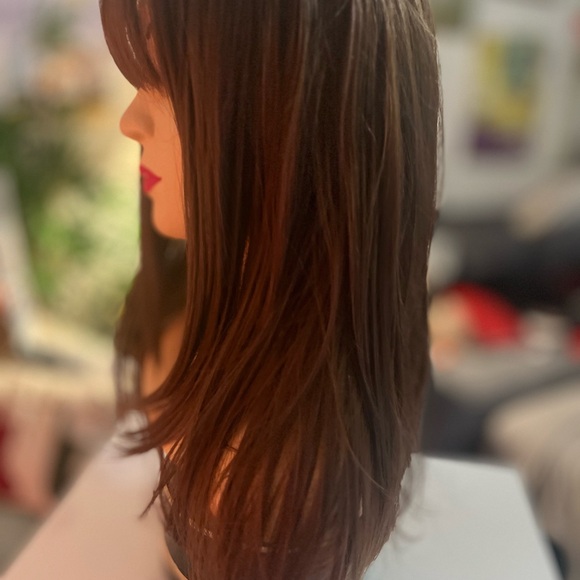 Brunette Shadow root human blend wig, long bangs. Layers tapered to face - Picture 9 of 13